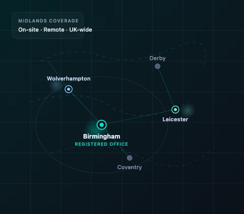 Stylised map of the Midlands showing Leicester, Wolverhampton, Derby, Coventry, and Birmingham registered office node
