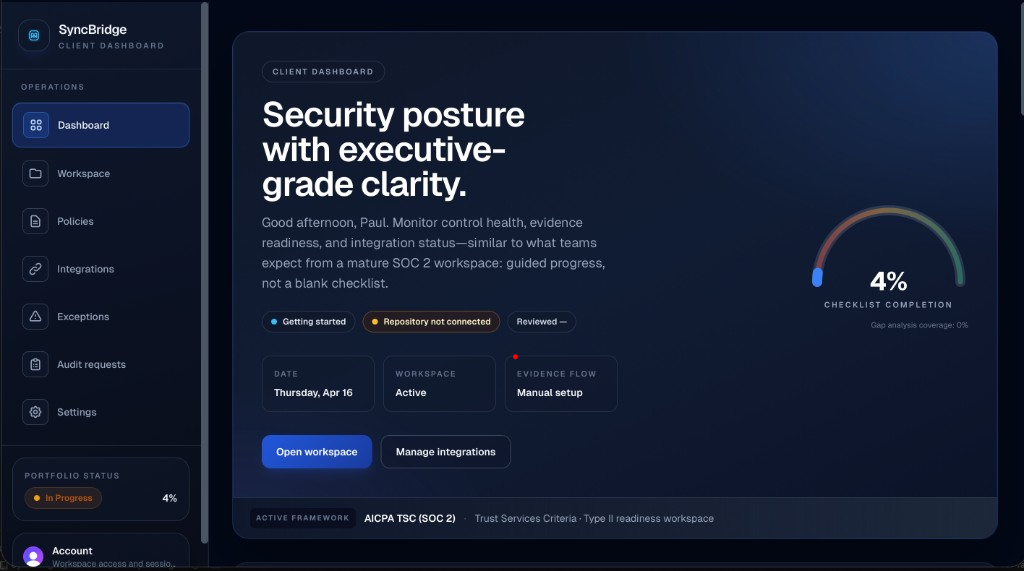 SOC 2 readiness dashboard showing control health, evidence status and checklist completion for an executive view.