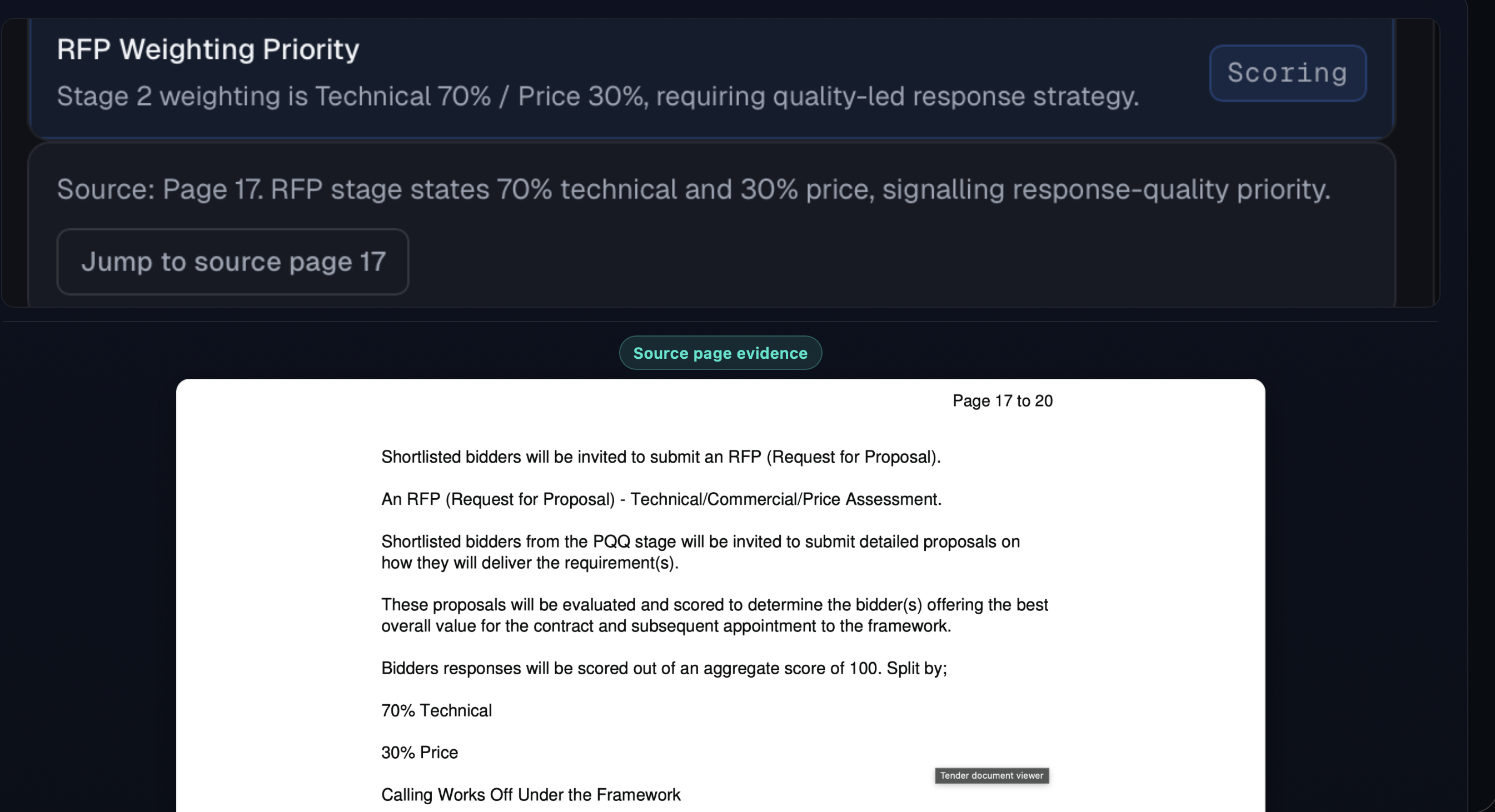 Requirement extraction view with source-linked evidence and tender page traceability
